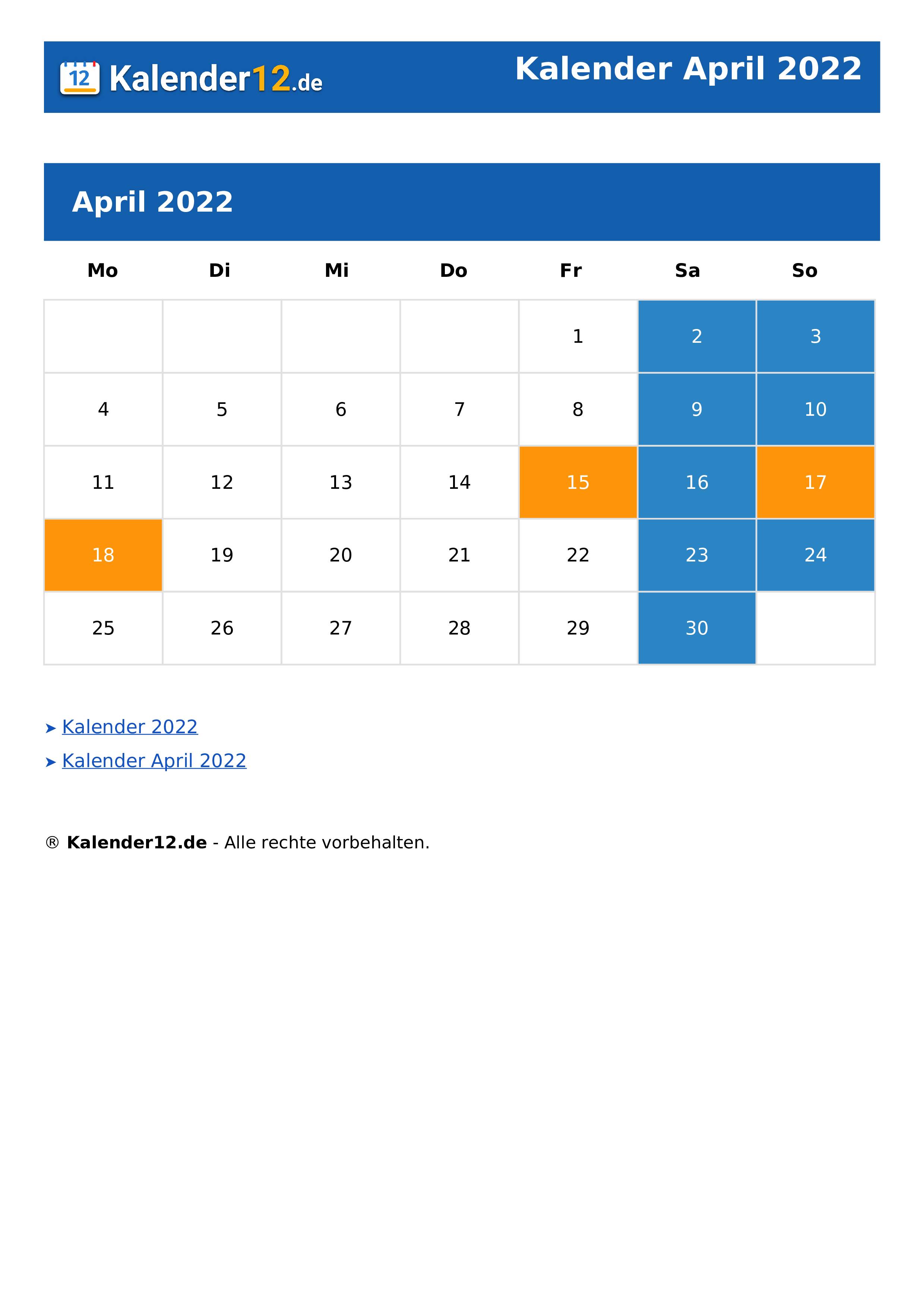 Kalender April 2022