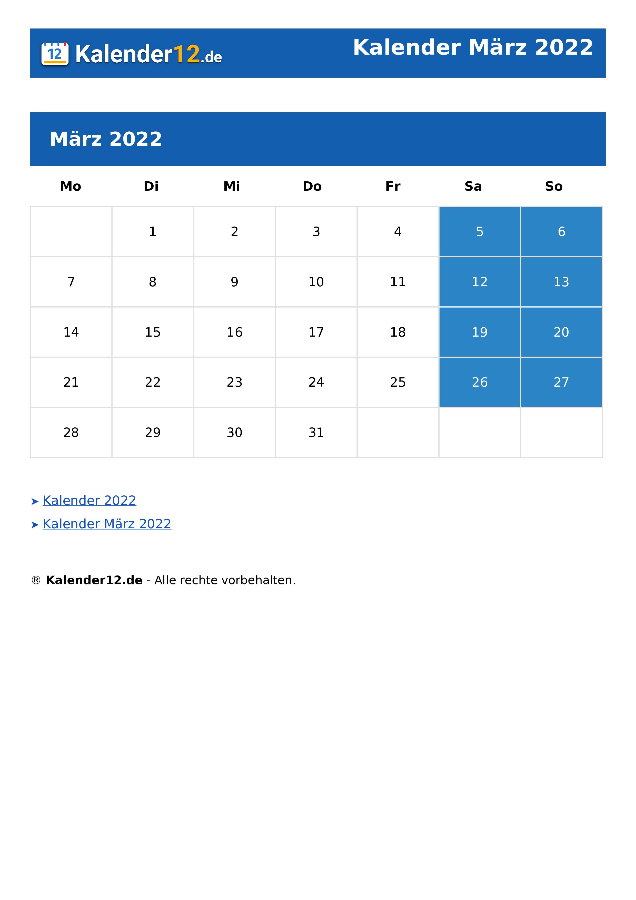 Kalender März 2022
